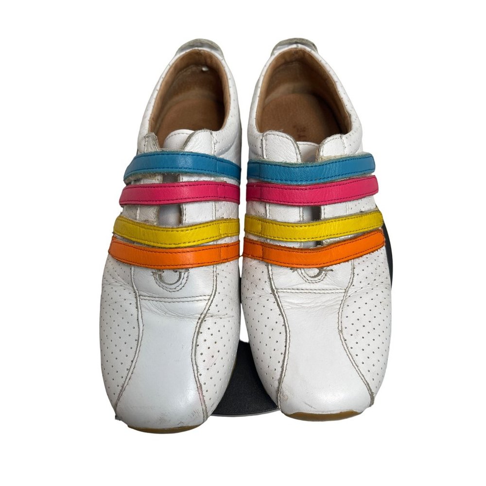 Lacoste Mystere Punched Sneakers Rainbow Straps White Leather Womens Sz. 6 - Picture 2 of 8